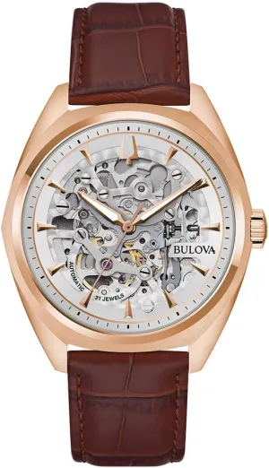 Bulova Men's Classic Surveyor 3-Hand Automatic Rose Gold Stainless Steel Watch, Brown Leather Strap, Full Skeleton, Style:97A175