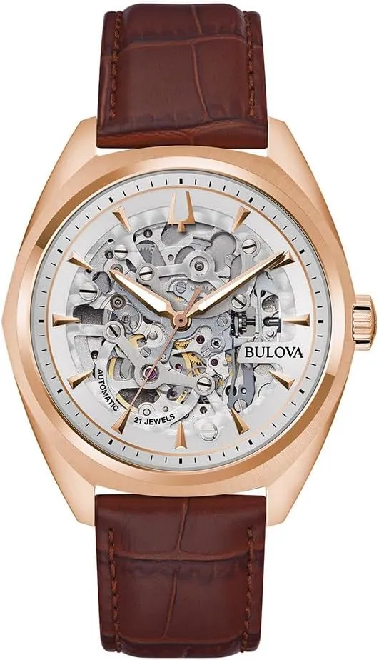Bulova Men's Classic Surveyor 3-Hand Automatic Rose Gold Stainless Steel Watch, Brown Leather Strap, Full Skeleton, Style:97A175