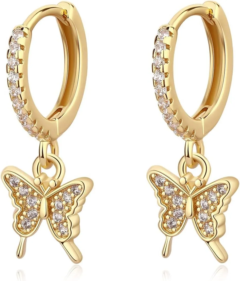 Butterfly Hoop Earrings For Women 14k Gold Plated Crystal Butterfly Drop Earrings Silver Rhinestone Butterfly Dangle Earrings Trendy Jewelry Gifts For Prom Wedding Brides