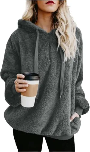 Canbebig Sherpa Hoodies for Women Oversized Fuzzy Fleece Pullover Sweatshirt Winter Warm Athletic Coat Outerwear with Pockets