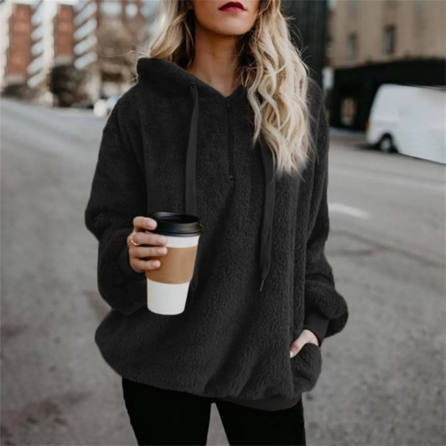 Canbebig Sherpa Hoodies for Women Oversized Fuzzy Fleece Pullover Sweatshirt Winter Warm Athletic Coat Outerwear with Pockets