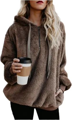 Canbebig Sherpa Hoodies for Women Oversized Fuzzy Fleece Pullover Sweatshirt Winter Warm Athletic Coat Outerwear with Pockets