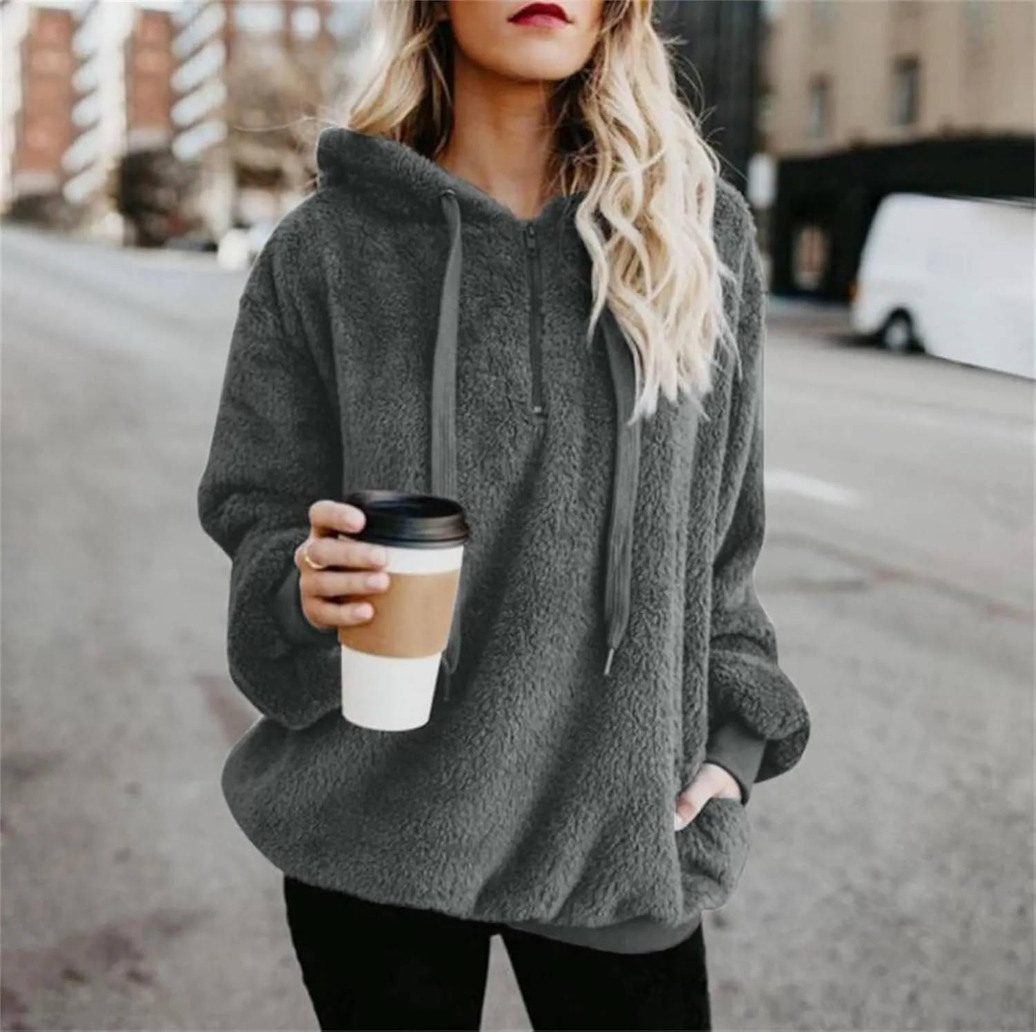 Canbebig Sherpa Hoodies for Women Oversized Fuzzy Fleece Pullover Sweatshirt Winter Warm Athletic Coat Outerwear with Pockets