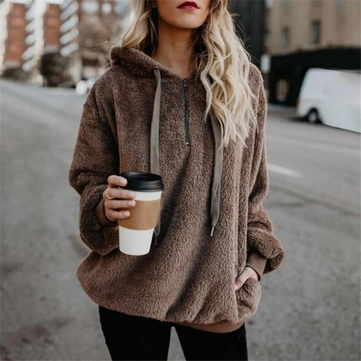 Canbebig Sherpa Hoodies for Women Oversized Fuzzy Fleece Pullover Sweatshirt Winter Warm Athletic Coat Outerwear with Pockets