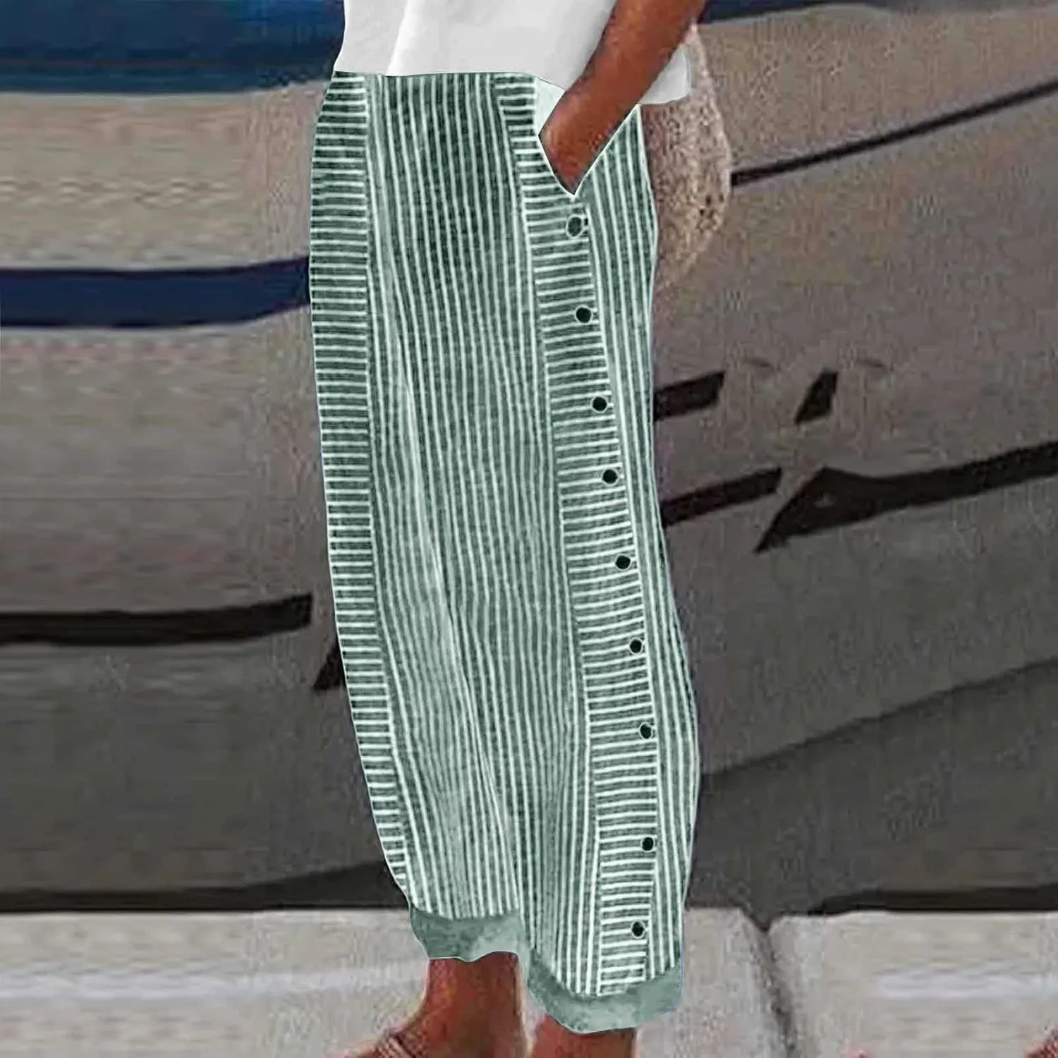 Capri Lounge Pants For Women Plus Size Loose Fitting High Waist Striped Drawstring Pants Wide Leg Cropped Trouser