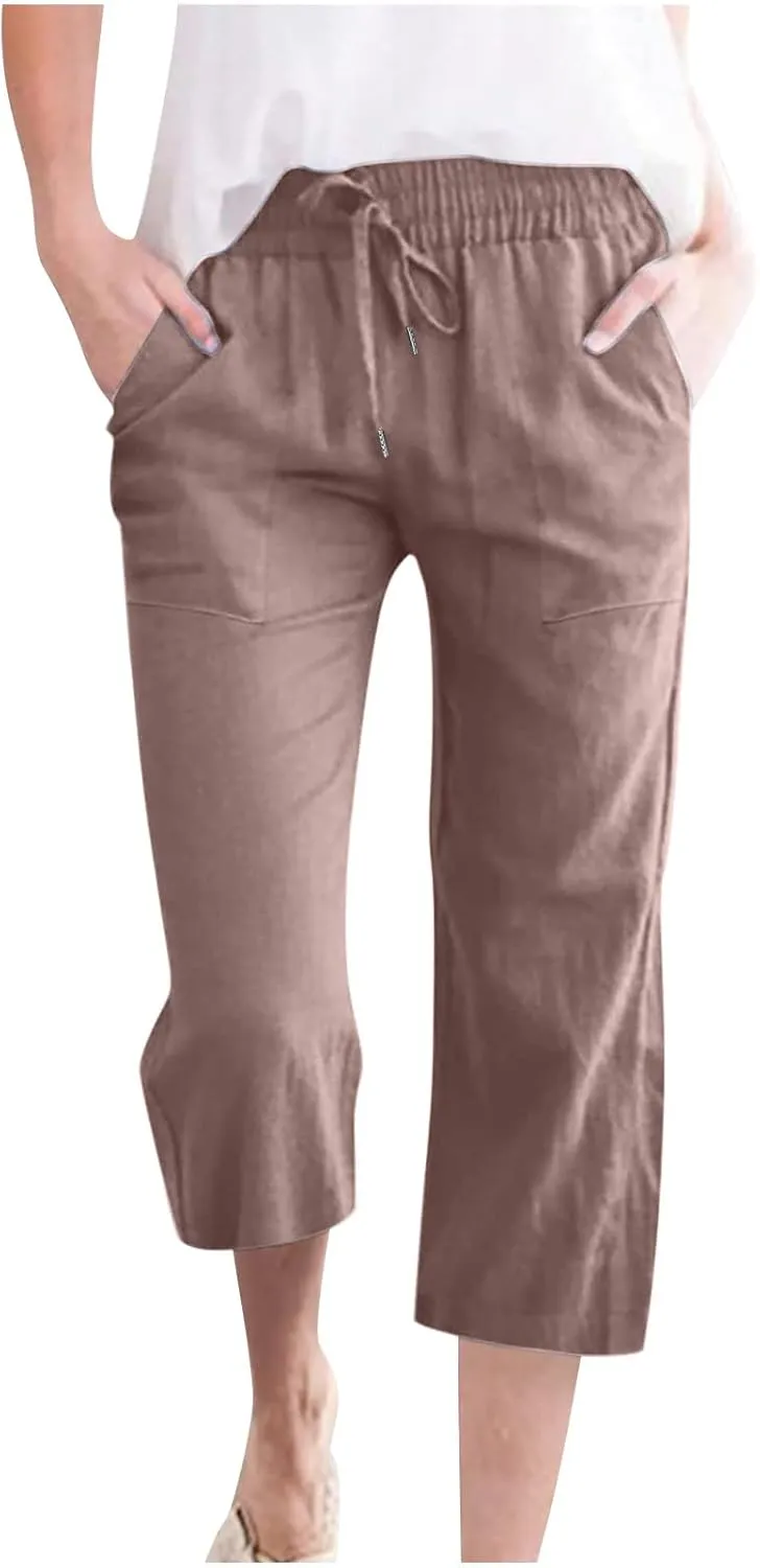 Capri Pants for Women Cotton Linen Summer Pants Elastic Waist Drawstring Wide Leg Capris Beach Travel Vacation Outfits
