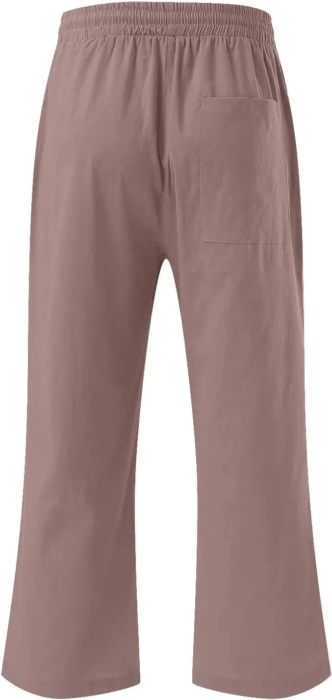 Capri Pants for Women Cotton Linen Summer Pants Elastic Waist Drawstring Wide Leg Capris Beach Travel Vacation Outfits
