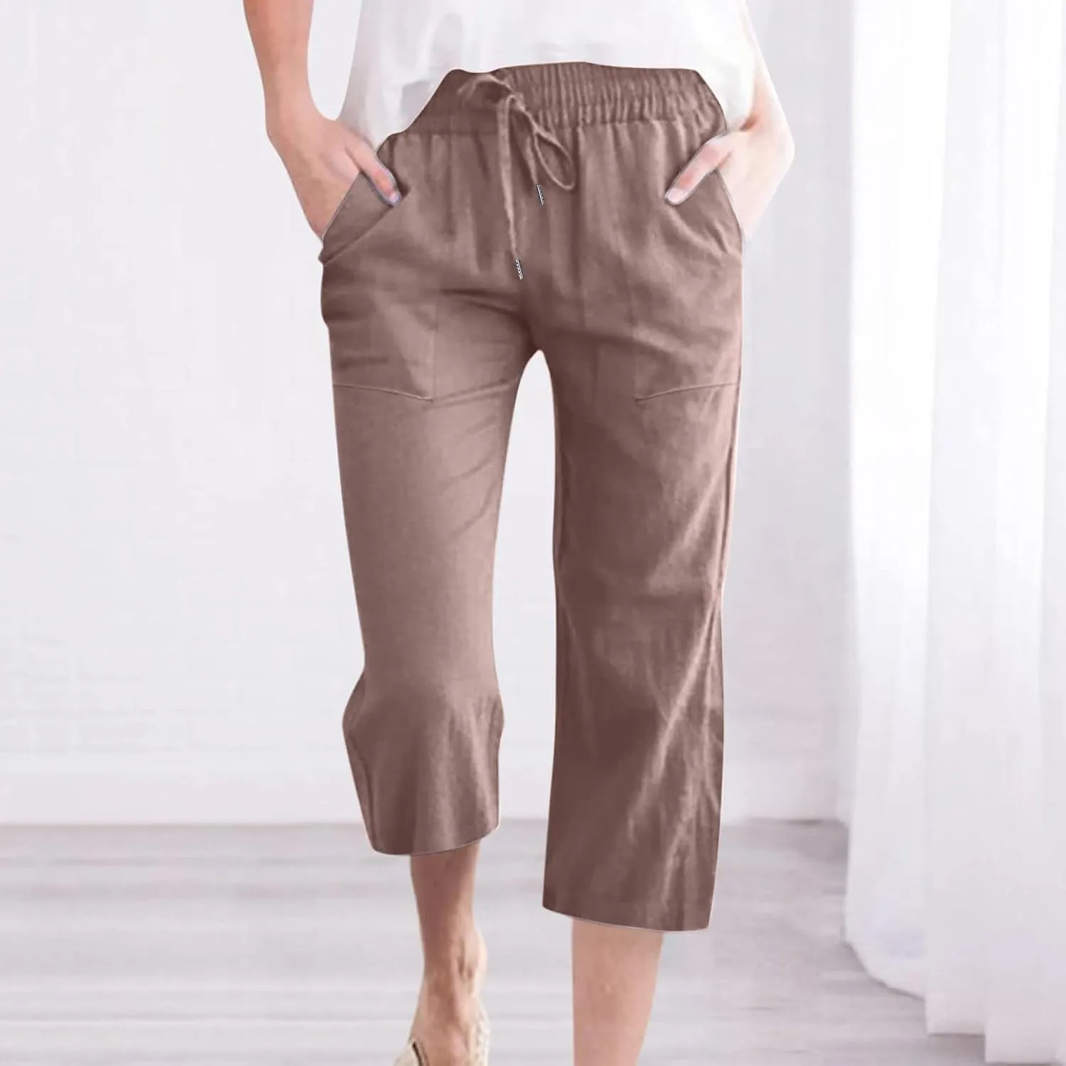 Capri Pants for Women Cotton Linen Summer Pants Elastic Waist Drawstring Wide Leg Capris Beach Travel Vacation Outfits