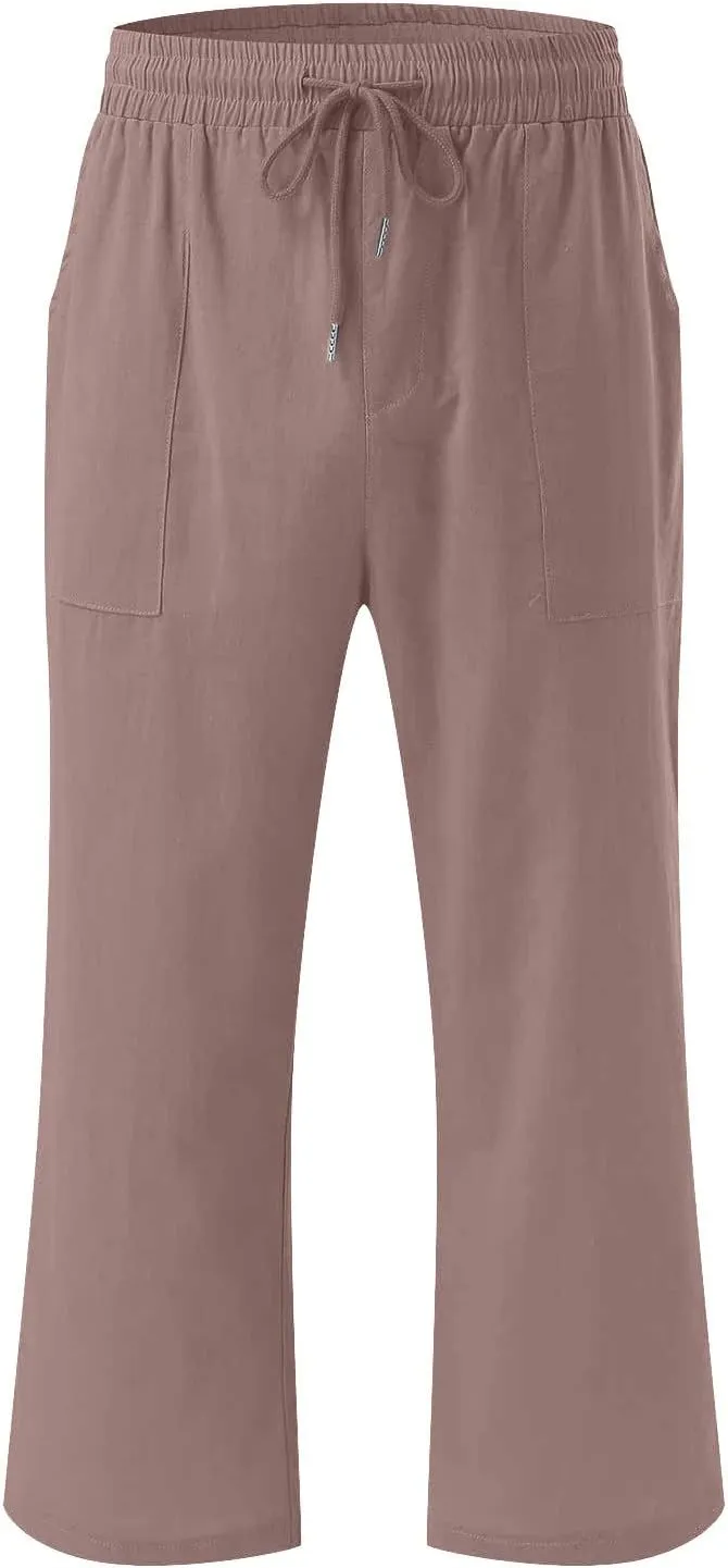Capri Pants for Women Cotton Linen Summer Pants Elastic Waist Drawstring Wide Leg Capris Beach Travel Vacation Outfits