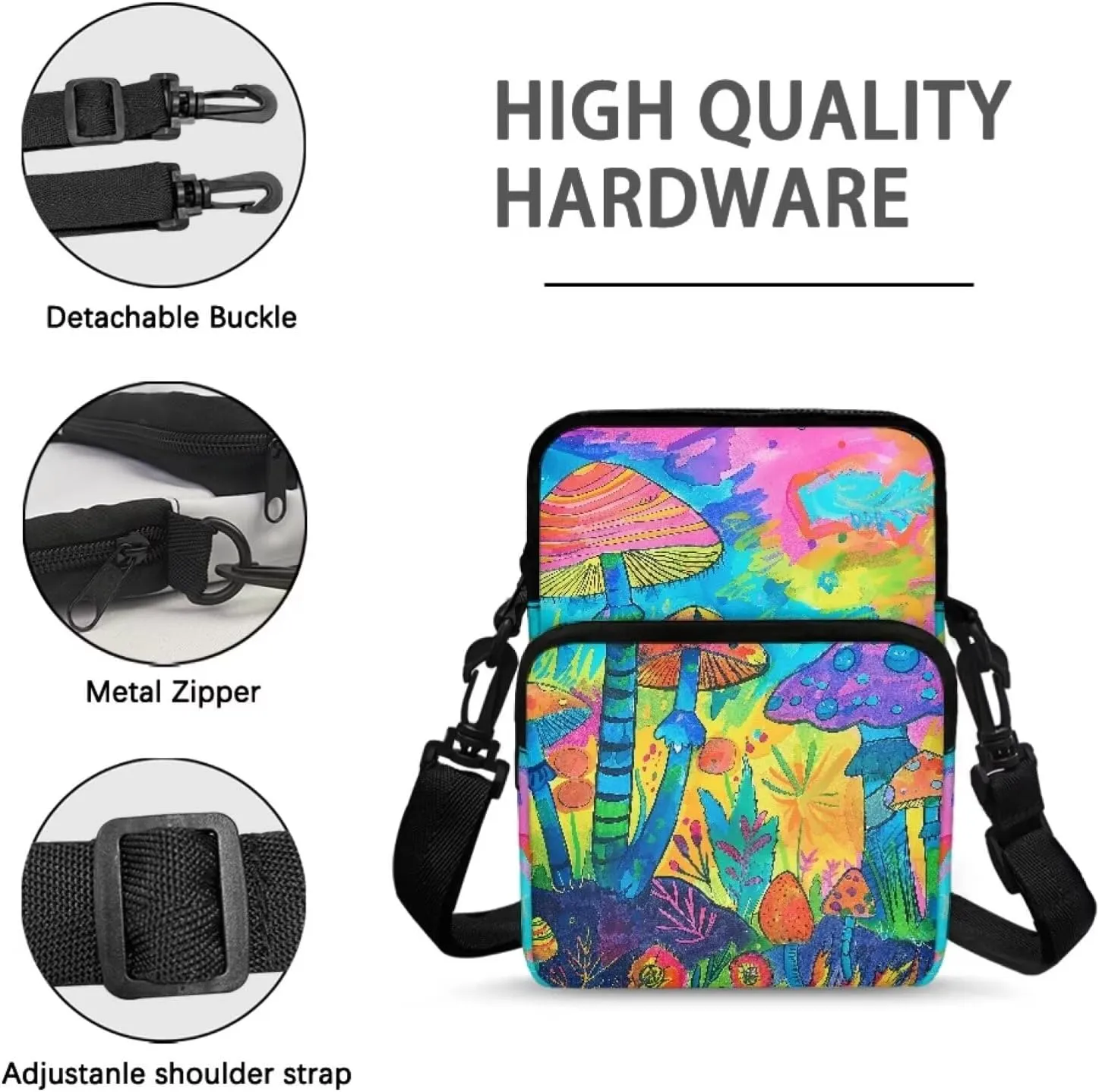 Cartoon Color Mushroom Forest Print Men's Cross Body Bag, Double Layer Small Messenger Bag Waist Fanny Pack Phone Pouch Handbag for Kid Girl Boy Teen College