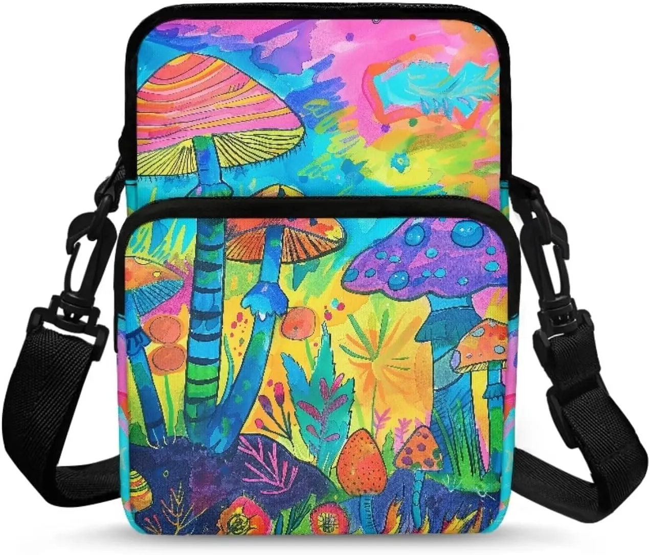 Cartoon Color Mushroom Forest Print Men's Cross Body Bag, Double Layer Small Messenger Bag Waist Fanny Pack Phone Pouch Handbag for Kid Girl Boy Teen College