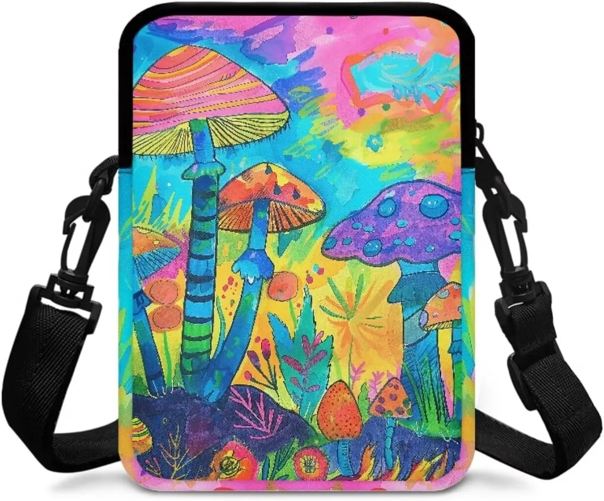 Cartoon Color Mushroom Forest Print Men's Cross Body Bag, Double Layer Small Messenger Bag Waist Fanny Pack Phone Pouch Handbag for Kid Girl Boy Teen College
