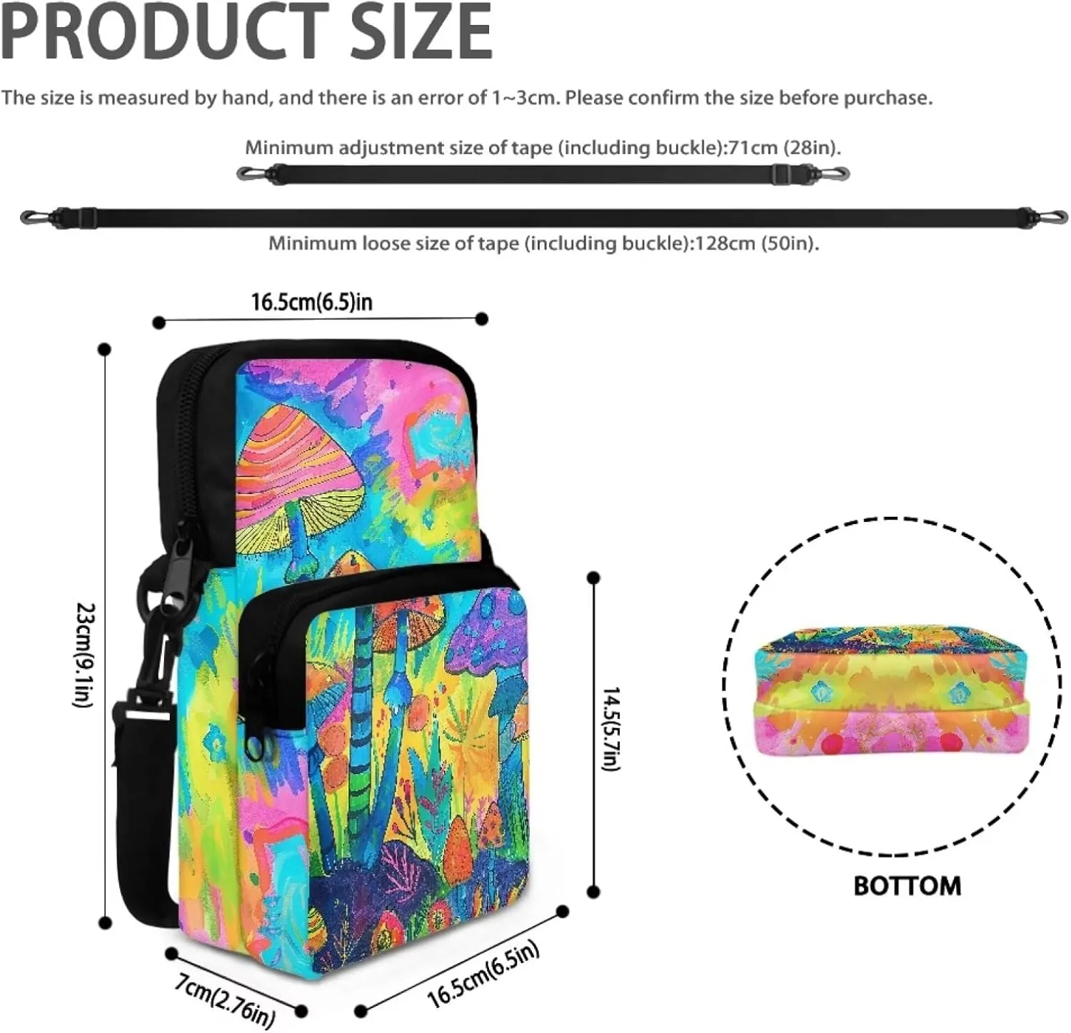 Cartoon Color Mushroom Forest Print Men's Cross Body Bag, Double Layer Small Messenger Bag Waist Fanny Pack Phone Pouch Handbag for Kid Girl Boy Teen College