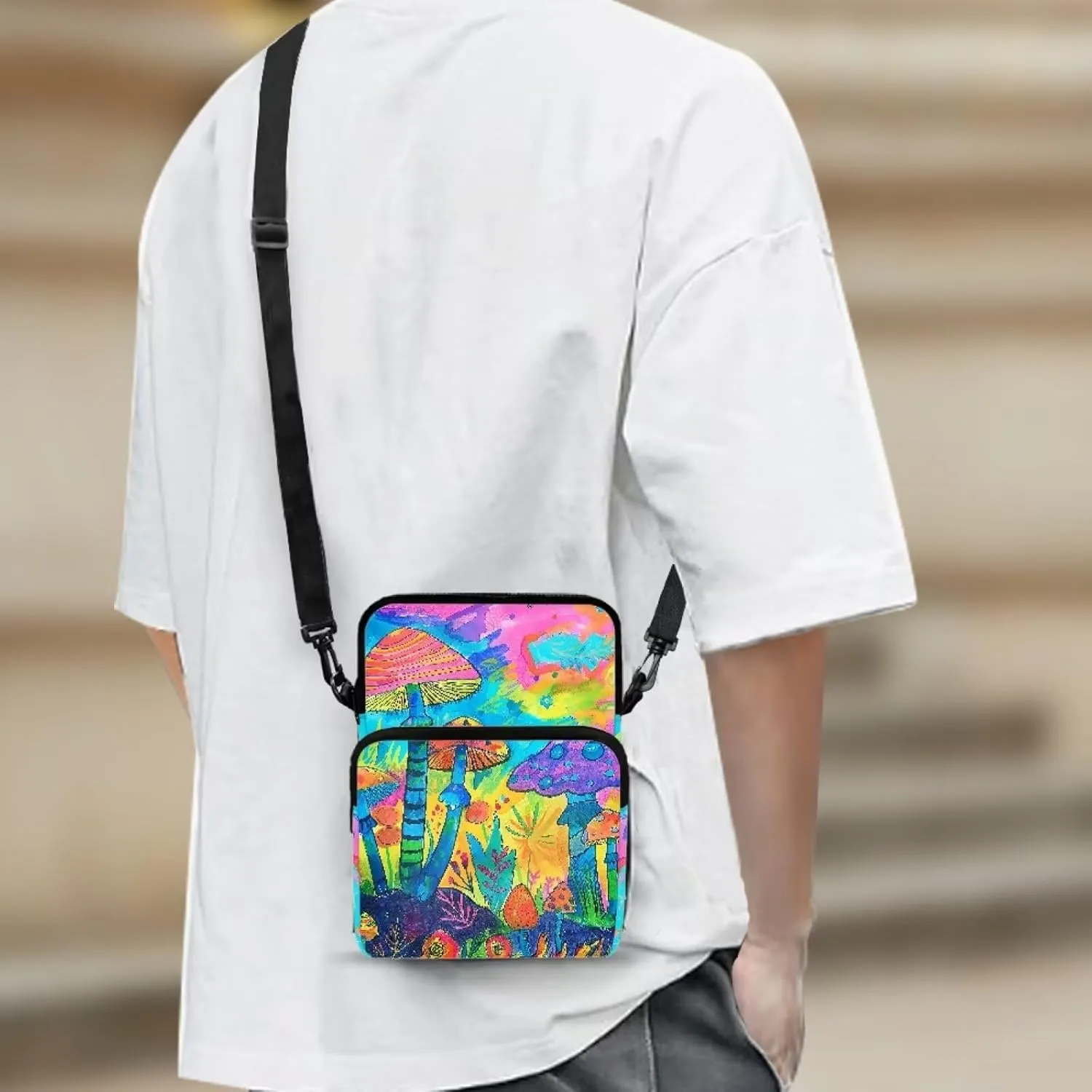 Cartoon Color Mushroom Forest Print Men's Cross Body Bag, Double Layer Small Messenger Bag Waist Fanny Pack Phone Pouch Handbag for Kid Girl Boy Teen College