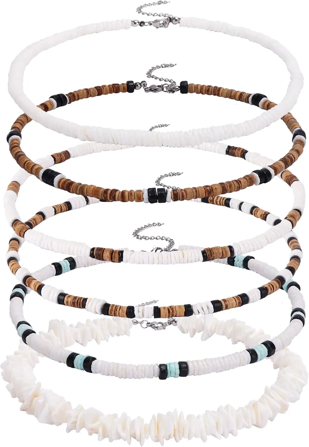 CASDAN 6 Pcs Surfer Puka Shell Necklace - Men's Hawaiian Seashell Bead Choker with Coconut Beads
