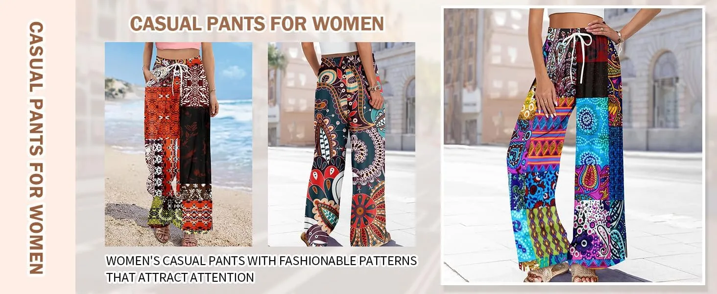Casual Pants for Women Casual Elastic Waist 2025 Trendy Summer Floral Baggy Palazzo Bottoms