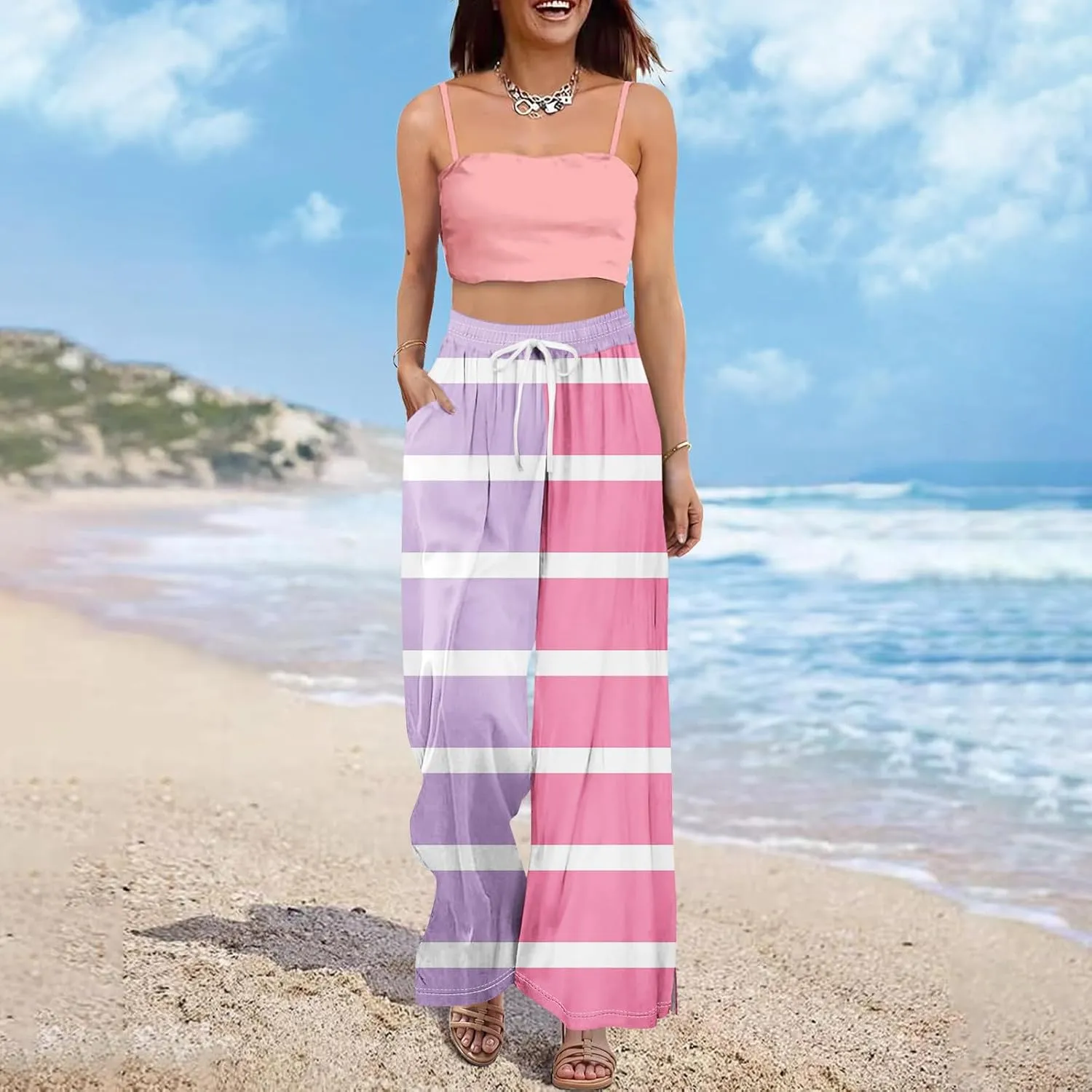 Casual Pants for Women Casual Elastic Waist 2025 Trendy Summer Floral Baggy Palazzo Bottoms