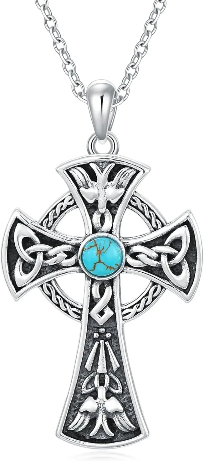 Celtic Cross Necklace 925 Sterling Silver Turquoise Cross Necklace Irish Celtic Knot Necklaces Celtic Cross Jewelry Gift for Women