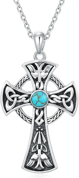 Celtic Cross Necklace 925 Sterling Silver Turquoise Cross Necklace Irish Celtic Knot Necklaces Celtic Cross Jewelry Gift for Women