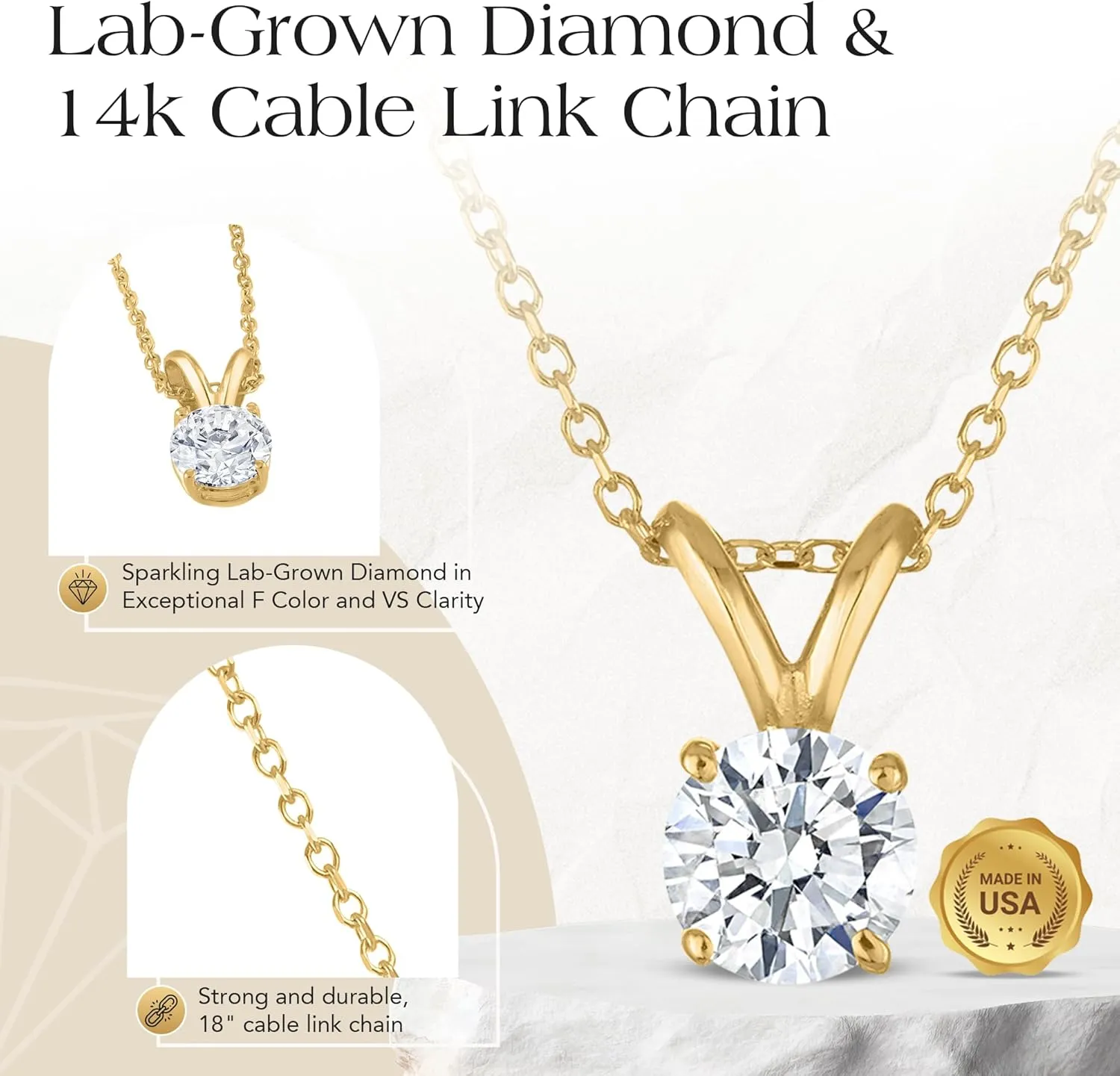 Certified Diamond Necklace for Women - Lab Grown Solitaire Necklace with Solid 14K Gold Chain, Stunning Lab Diamond Pendant in 1/2-1.0 Carat, Premium Signature Jewelry Collection