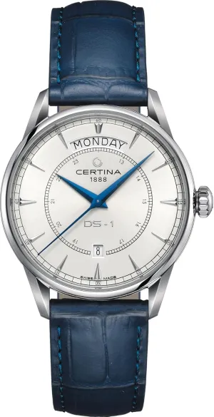 Certina, Mens, DS-1 Day-Date 40mm, Stainless Steel, Swiss Automatic, Watch, White, Blue Leather, C0294301601100