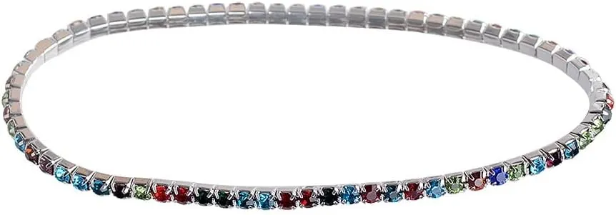 Charm Anklets For Women Crystal Rhinestone Stretch Tennis Elastic White Rainbow Colors Cubic Zirconia Silver Gold Single Row Stackable Diamond Anklets for Women (rainbow colors)