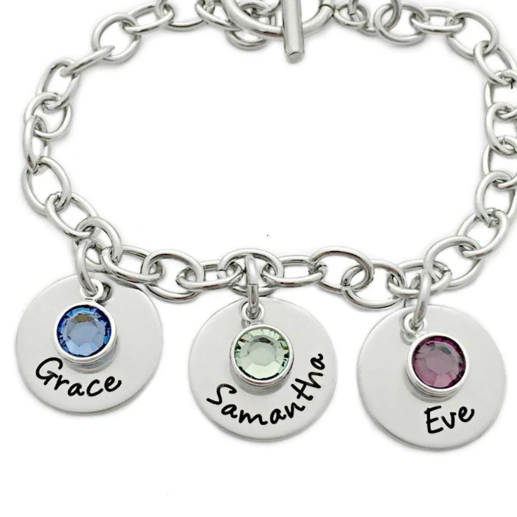 Charm Bracelet Personalized with Name and Birthstones - Mother Bracelet - Personalized Engraved Jewelry - 1032