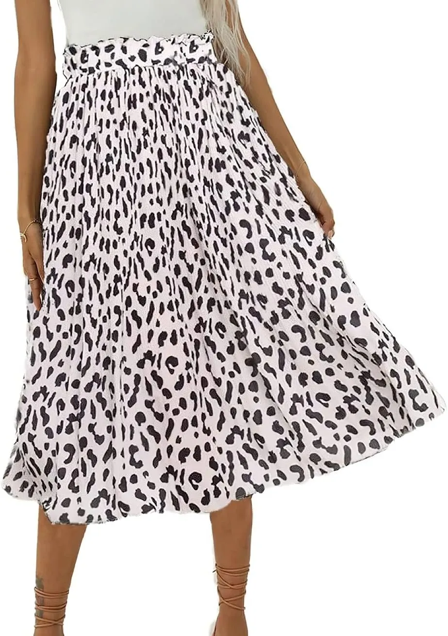 CHARTOU Womens Boho Ditsy Floral Ruffle Skirt Flowy Print Elastic High Waisted Pleated Midi Skirt