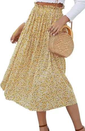 CHARTOU Womens Boho Ditsy Floral Ruffle Skirt Flowy Print Elastic High Waisted Pleated Midi Skirt