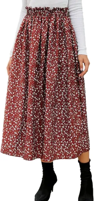 CHARTOU Womens Boho Ditsy Floral Ruffle Skirt Flowy Print Elastic High Waisted Pleated Midi Skirt