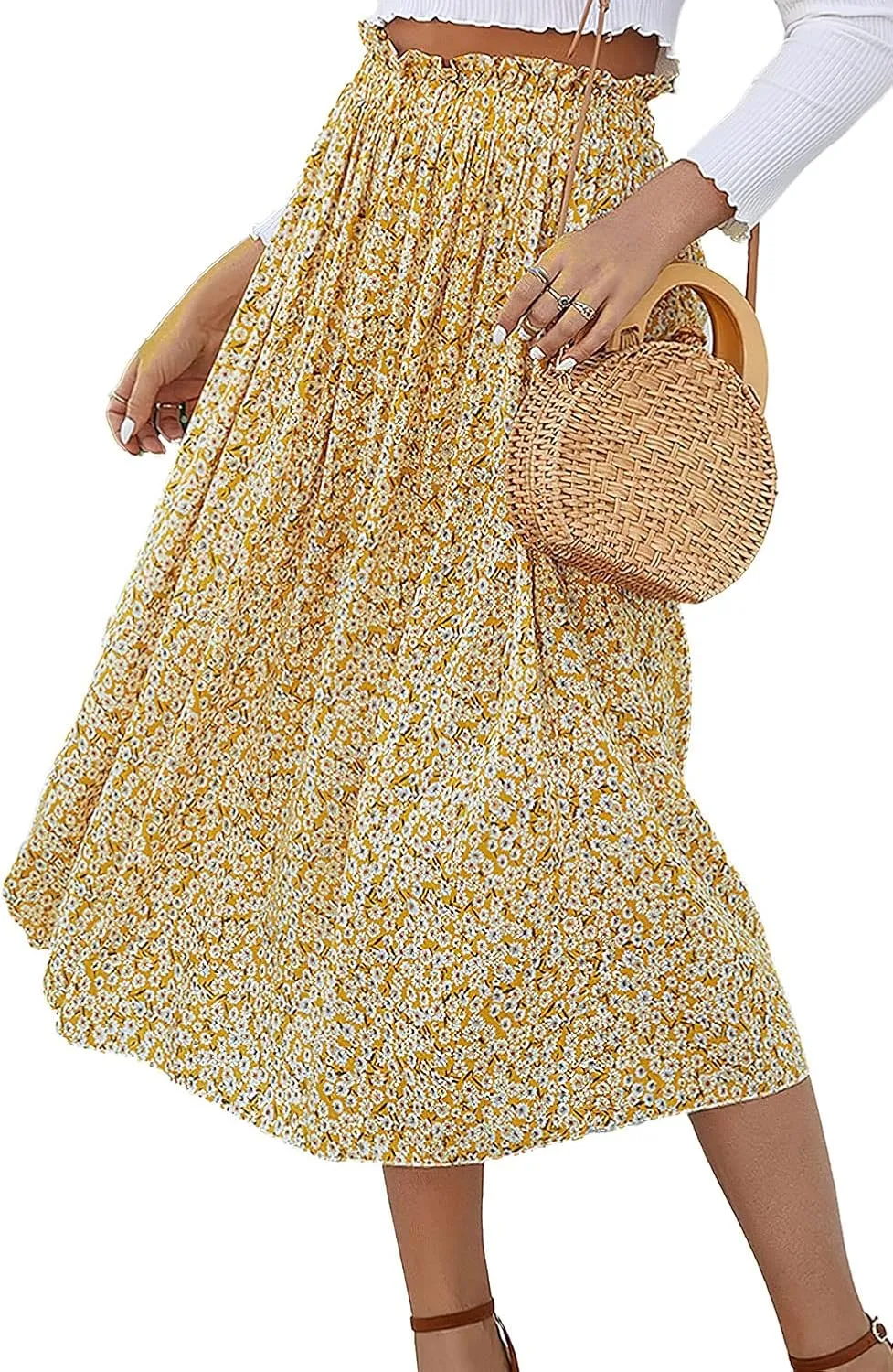 CHARTOU Womens Boho Ditsy Floral Ruffle Skirt Flowy Print Elastic High Waisted Pleated Midi Skirt