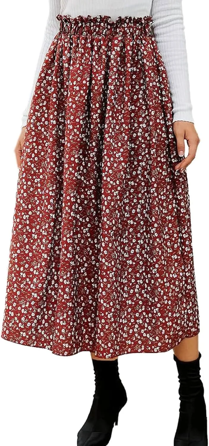 CHARTOU Womens Boho Ditsy Floral Ruffle Skirt Flowy Print Elastic High Waisted Pleated Midi Skirt