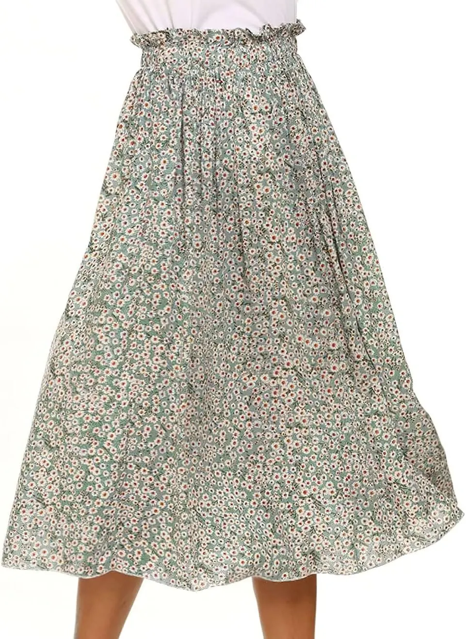 CHARTOU Womens Boho Ditsy Floral Ruffle Skirt Flowy Print Elastic High Waisted Pleated Midi Skirt