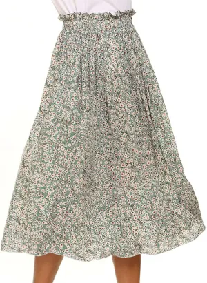 CHARTOU Womens Boho Ditsy Floral Ruffle Skirt Flowy Print Elastic High Waisted Pleated Midi Skirt