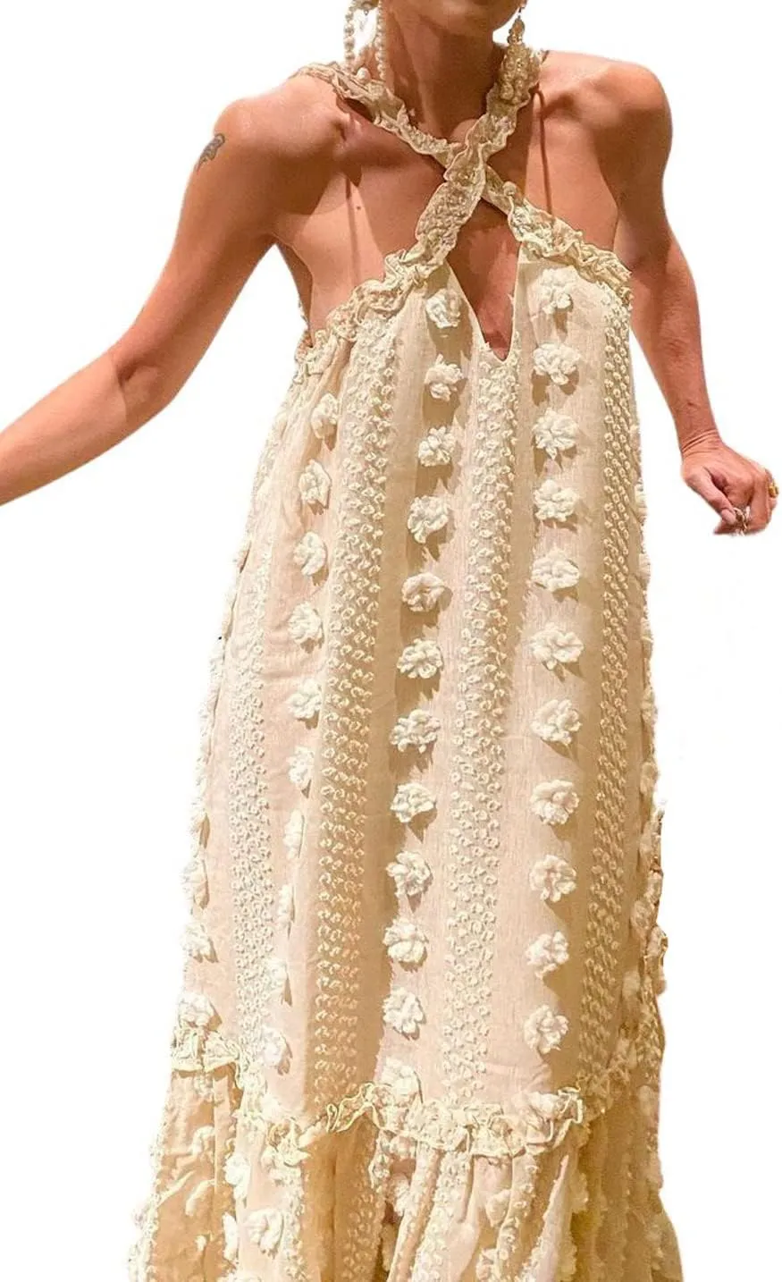 CHARTOU Women's Summer Crossover Halter Neck 3D Posy Floral Tiered Swing Maxi Long Dress