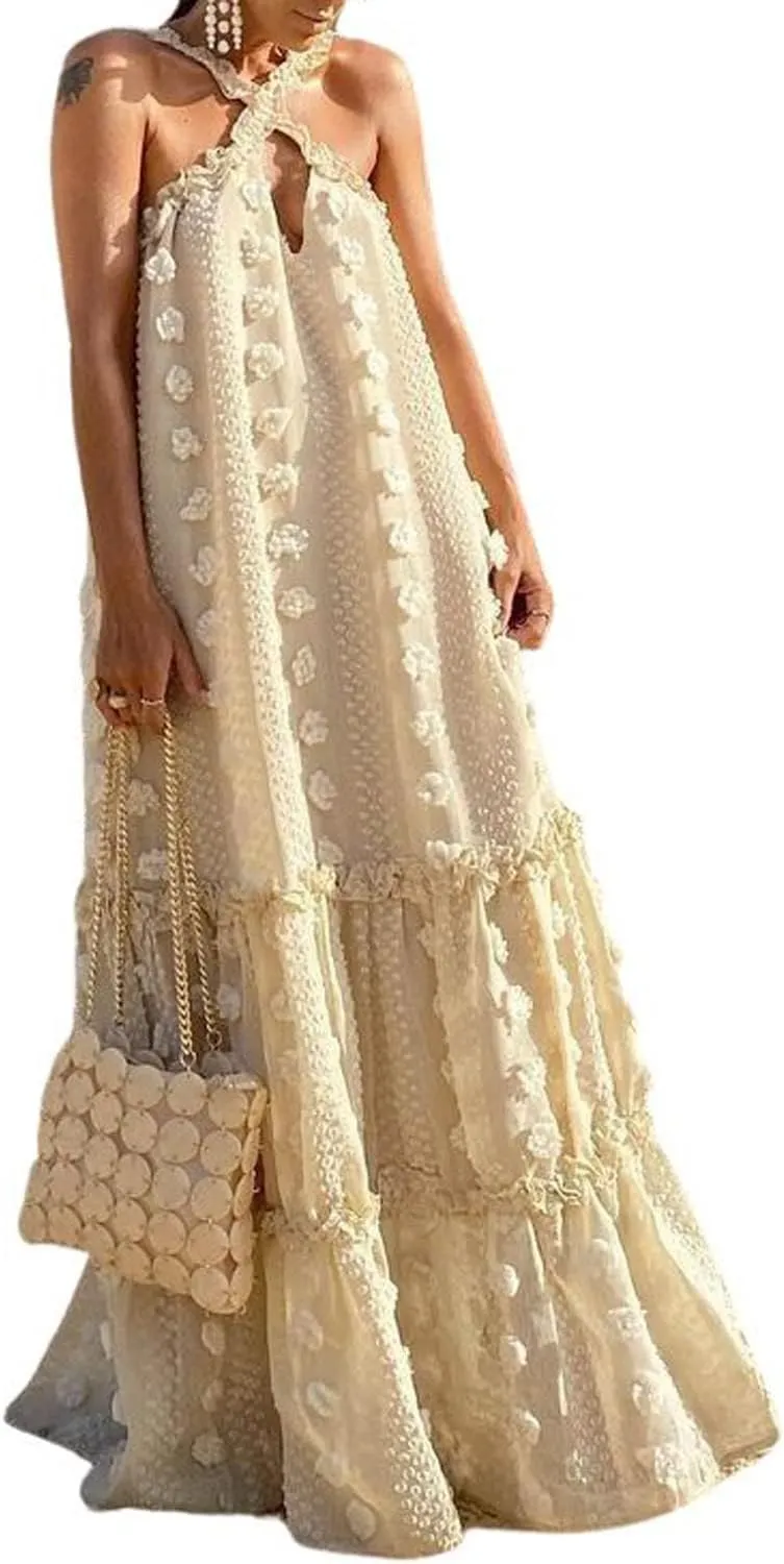 CHARTOU Women's Summer Crossover Halter Neck 3D Posy Floral Tiered Swing Maxi Long Dress