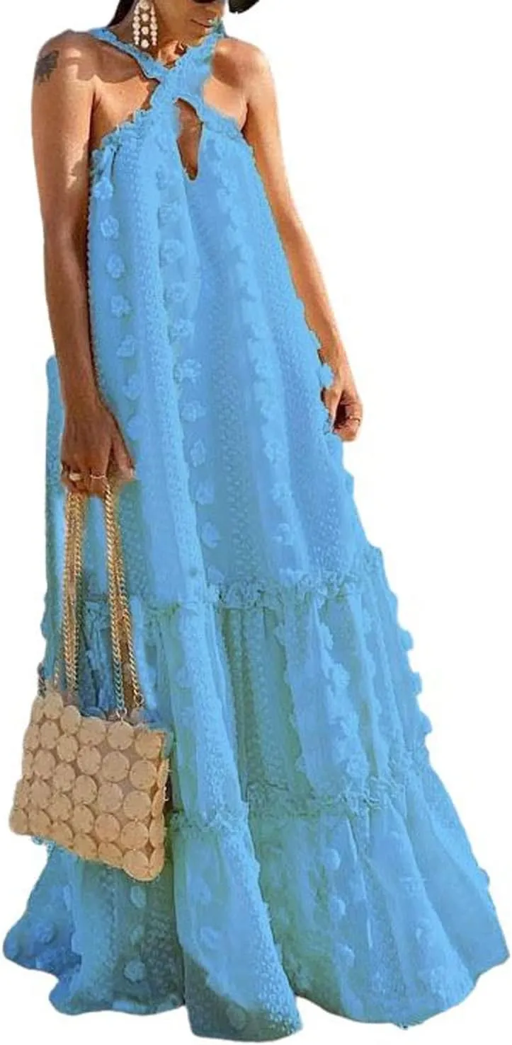 CHARTOU Women's Summer Crossover Halter Neck 3D Posy Floral Tiered Swing Maxi Long Dress