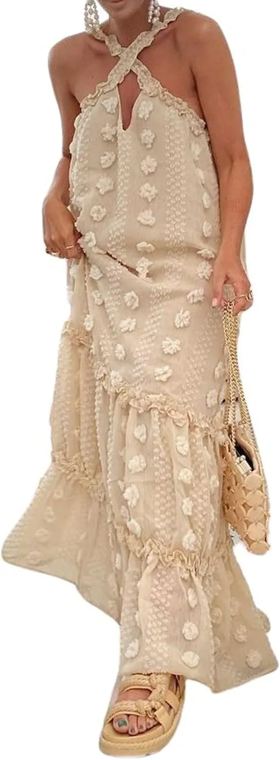 CHARTOU Women's Summer Crossover Halter Neck 3D Posy Floral Tiered Swing Maxi Long Dress