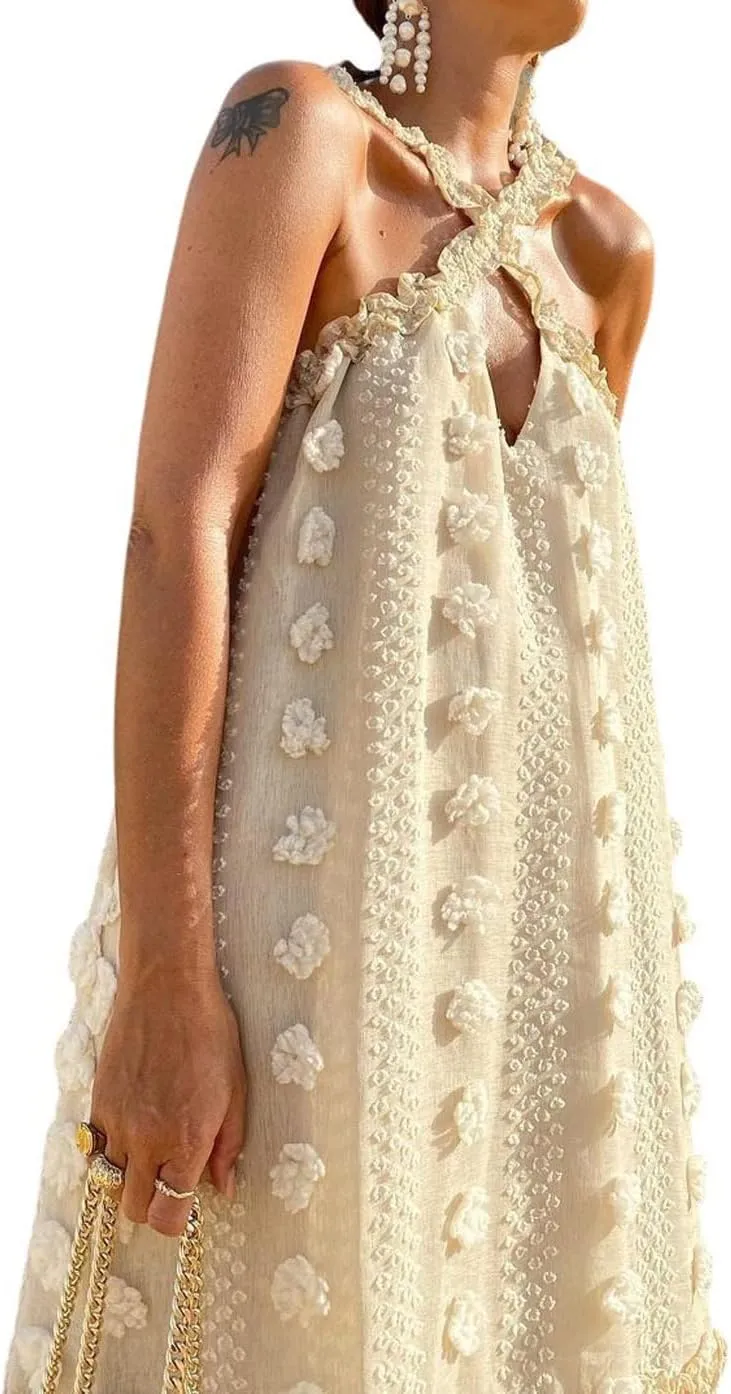 CHARTOU Women's Summer Crossover Halter Neck 3D Posy Floral Tiered Swing Maxi Long Dress