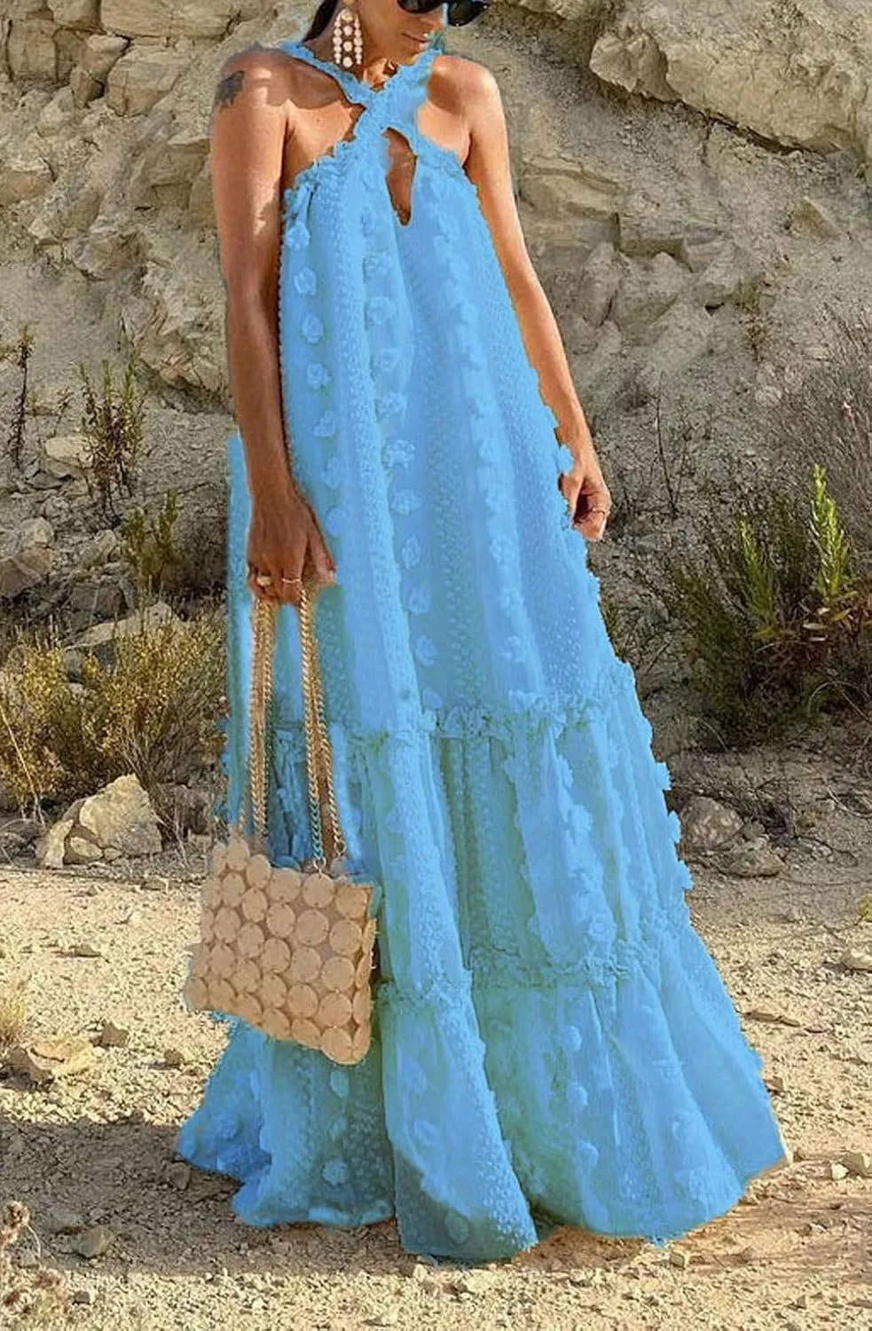 CHARTOU Women's Summer Crossover Halter Neck 3D Posy Floral Tiered Swing Maxi Long Dress