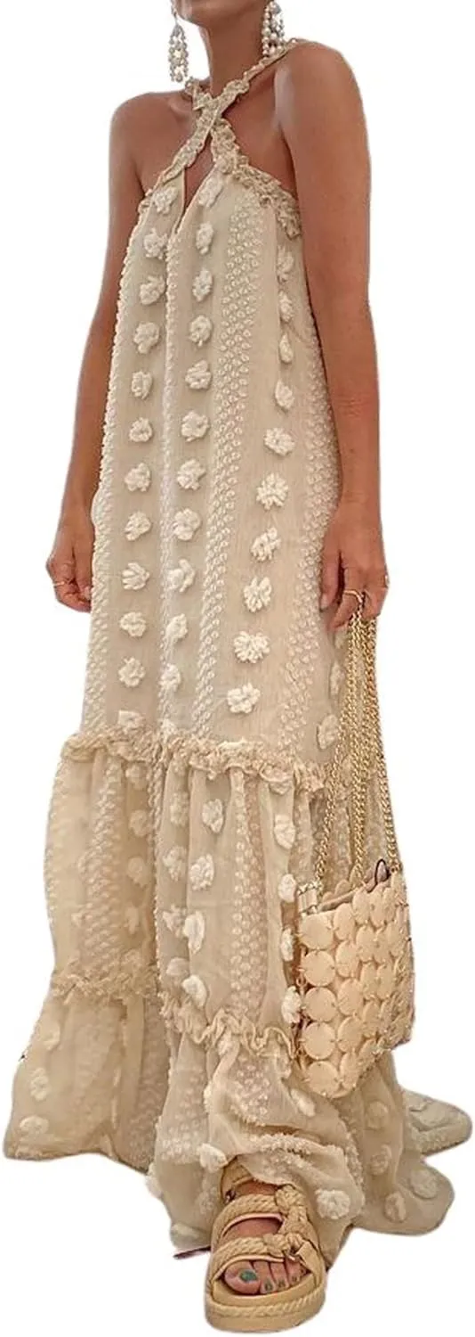 CHARTOU Women's Summer Crossover Halter Neck 3D Posy Floral Tiered Swing Maxi Long Dress
