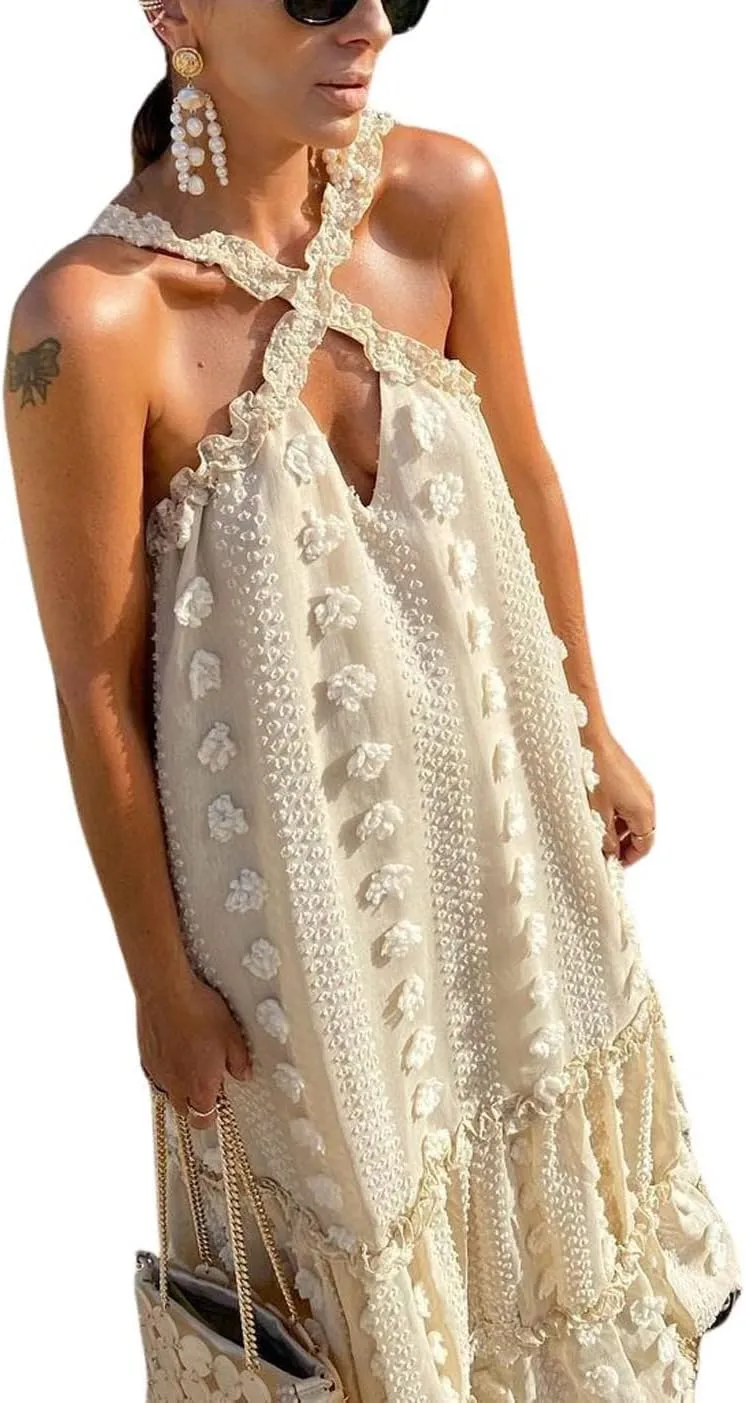 CHARTOU Women's Summer Crossover Halter Neck 3D Posy Floral Tiered Swing Maxi Long Dress
