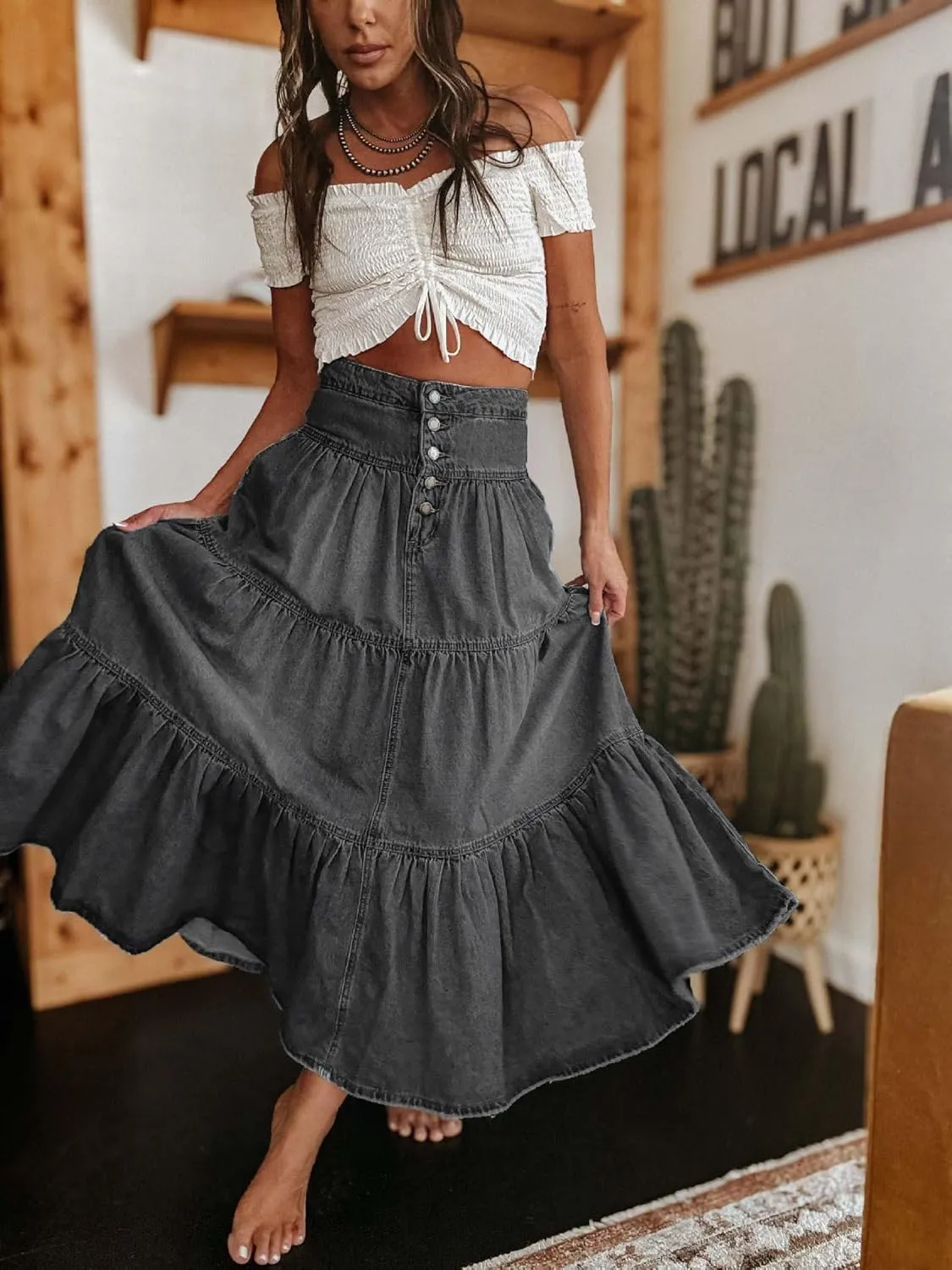 chouyatou Women's Boho Frayed Tiered Denim Skirt Pleated Ruffle A Line Swing Skirt Y2k Maxi Long Jean Skirt