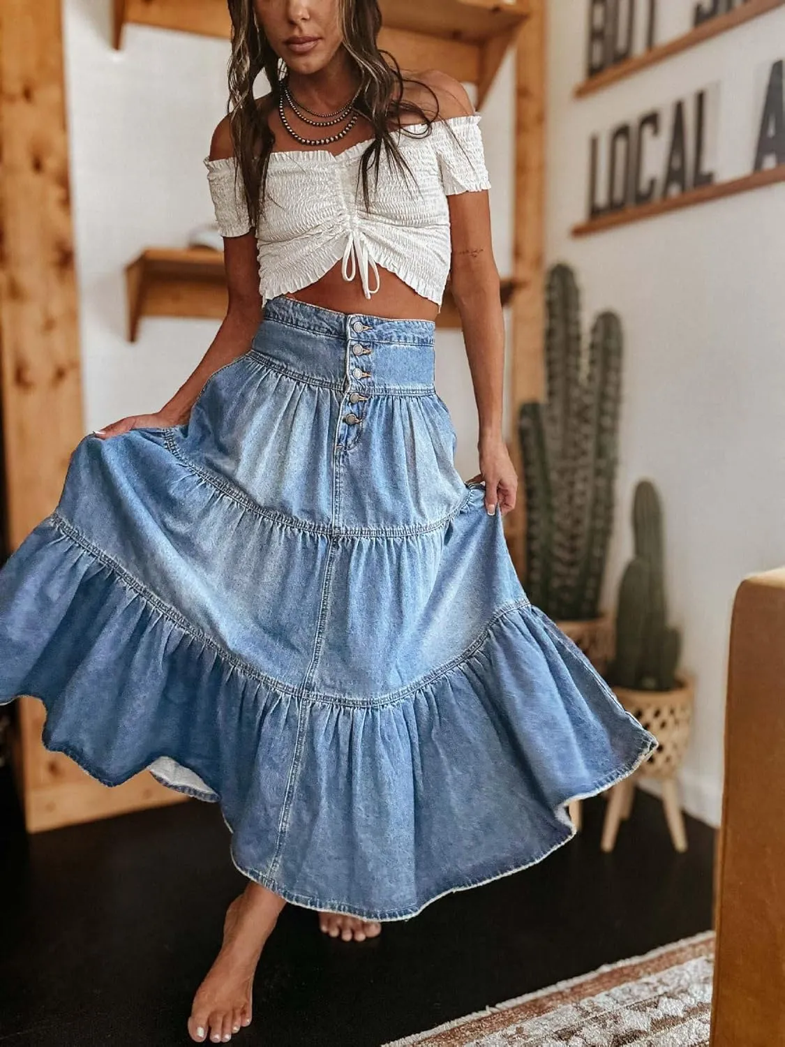 chouyatou Women's Boho Frayed Tiered Denim Skirt Pleated Ruffle A Line Swing Skirt Y2k Maxi Long Jean Skirt