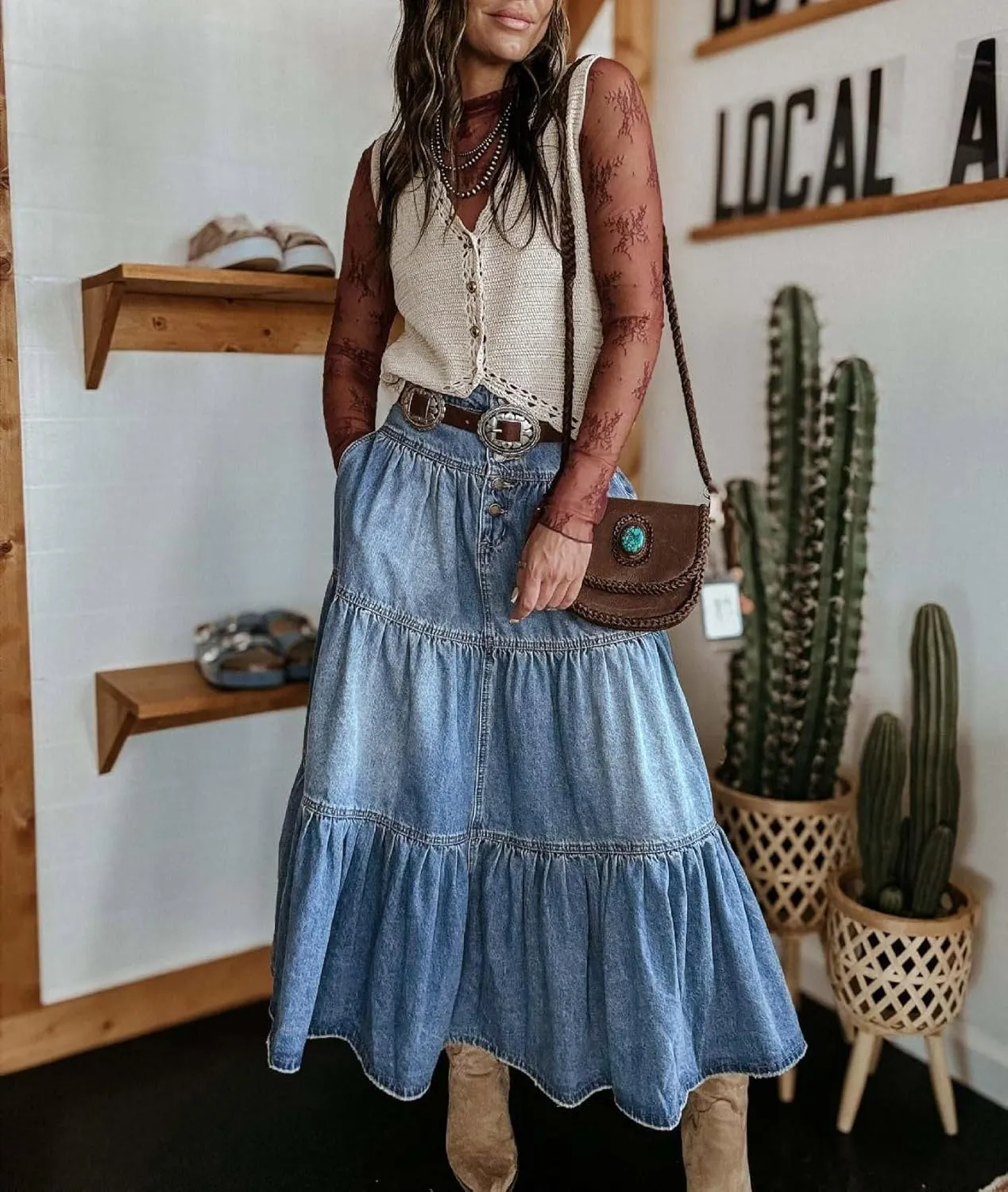 chouyatou Women's Boho Frayed Tiered Denim Skirt Pleated Ruffle A Line Swing Skirt Y2k Maxi Long Jean Skirt