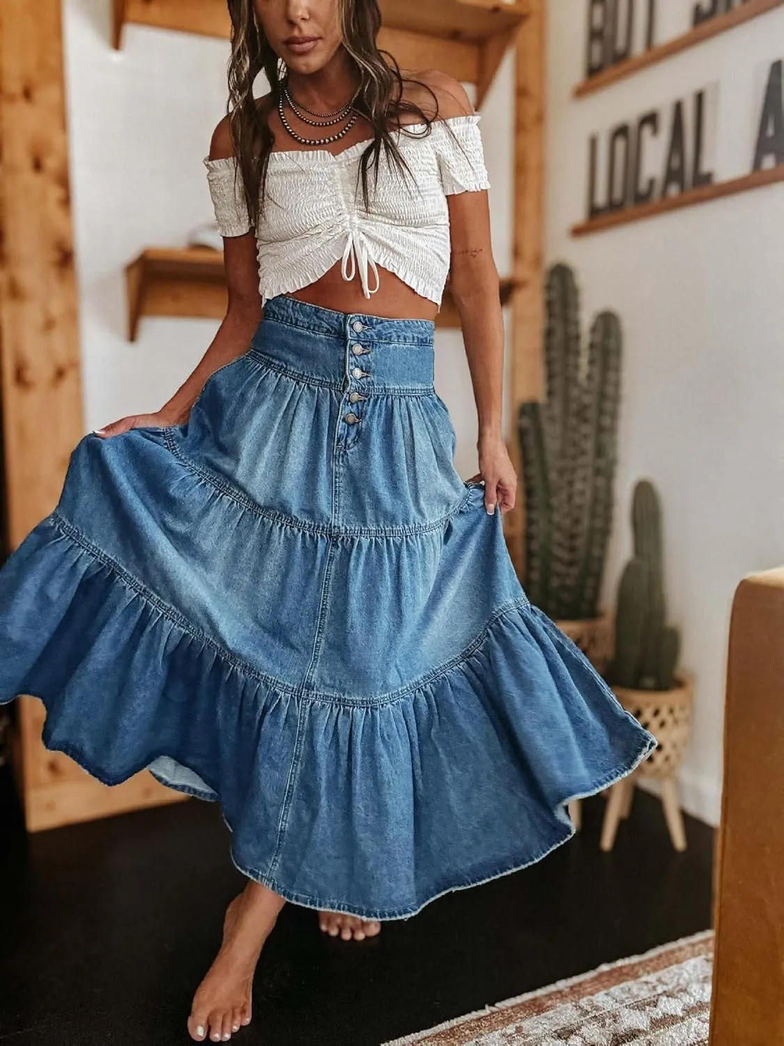 chouyatou Women's Boho Frayed Tiered Denim Skirt Pleated Ruffle A Line Swing Skirt Y2k Maxi Long Jean Skirt