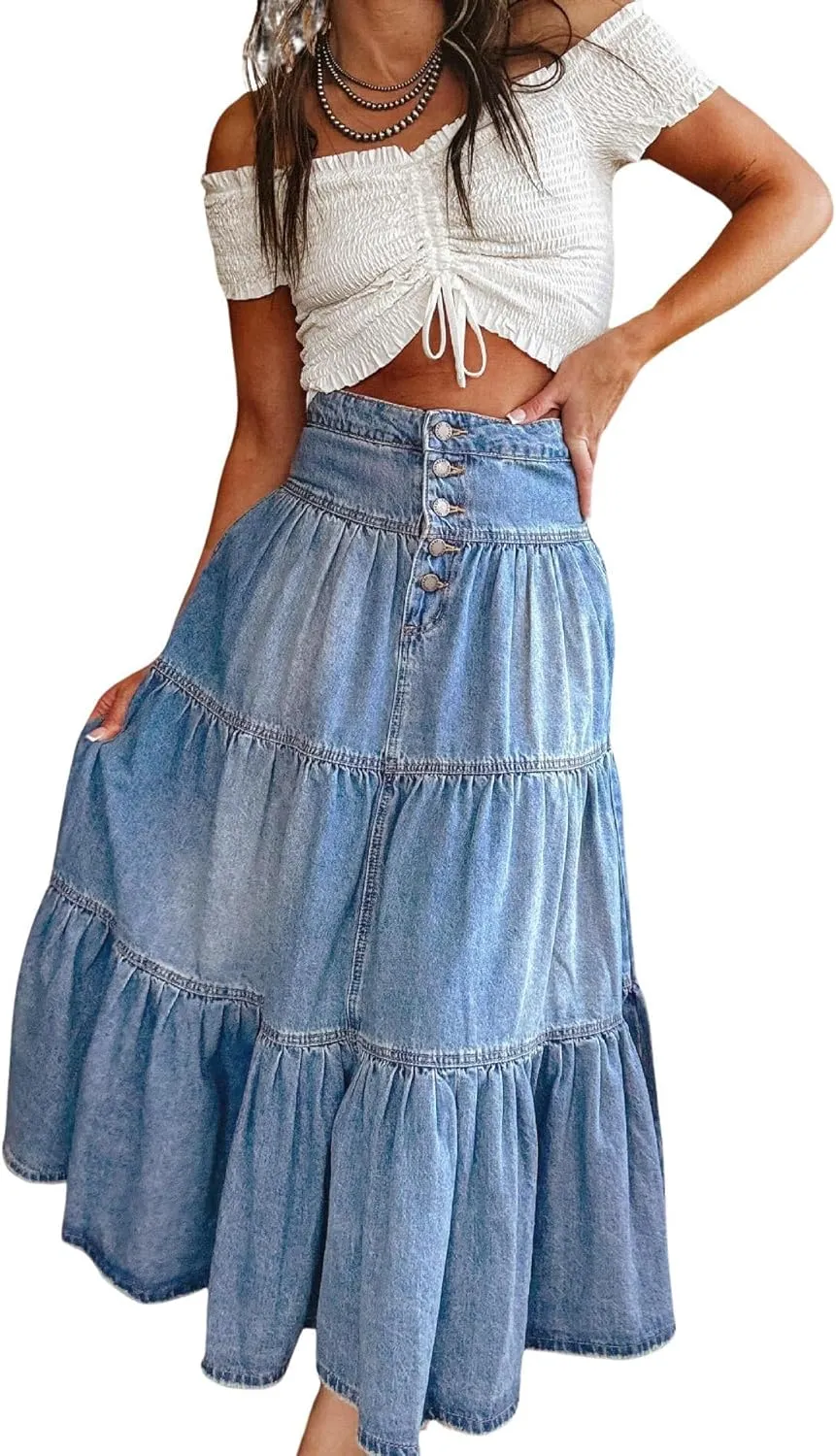 chouyatou Women's Boho Frayed Tiered Denim Skirt Pleated Ruffle A Line Swing Skirt Y2k Maxi Long Jean Skirt