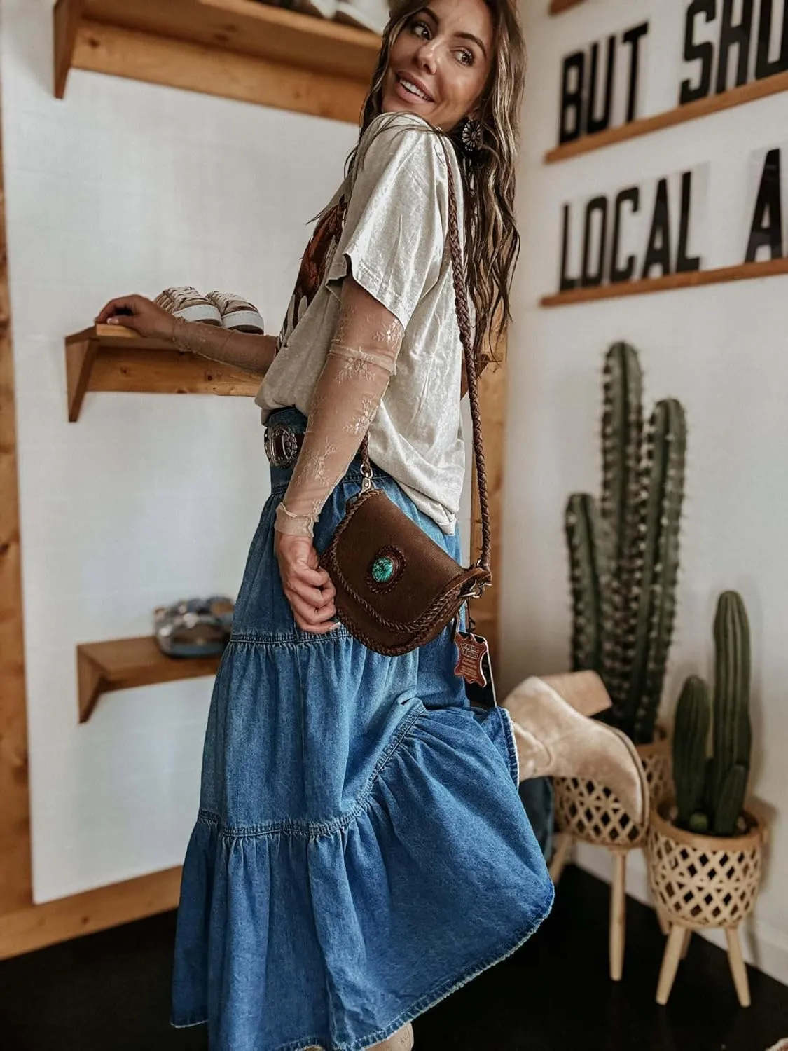 chouyatou Women's Boho Frayed Tiered Denim Skirt Pleated Ruffle A Line Swing Skirt Y2k Maxi Long Jean Skirt
