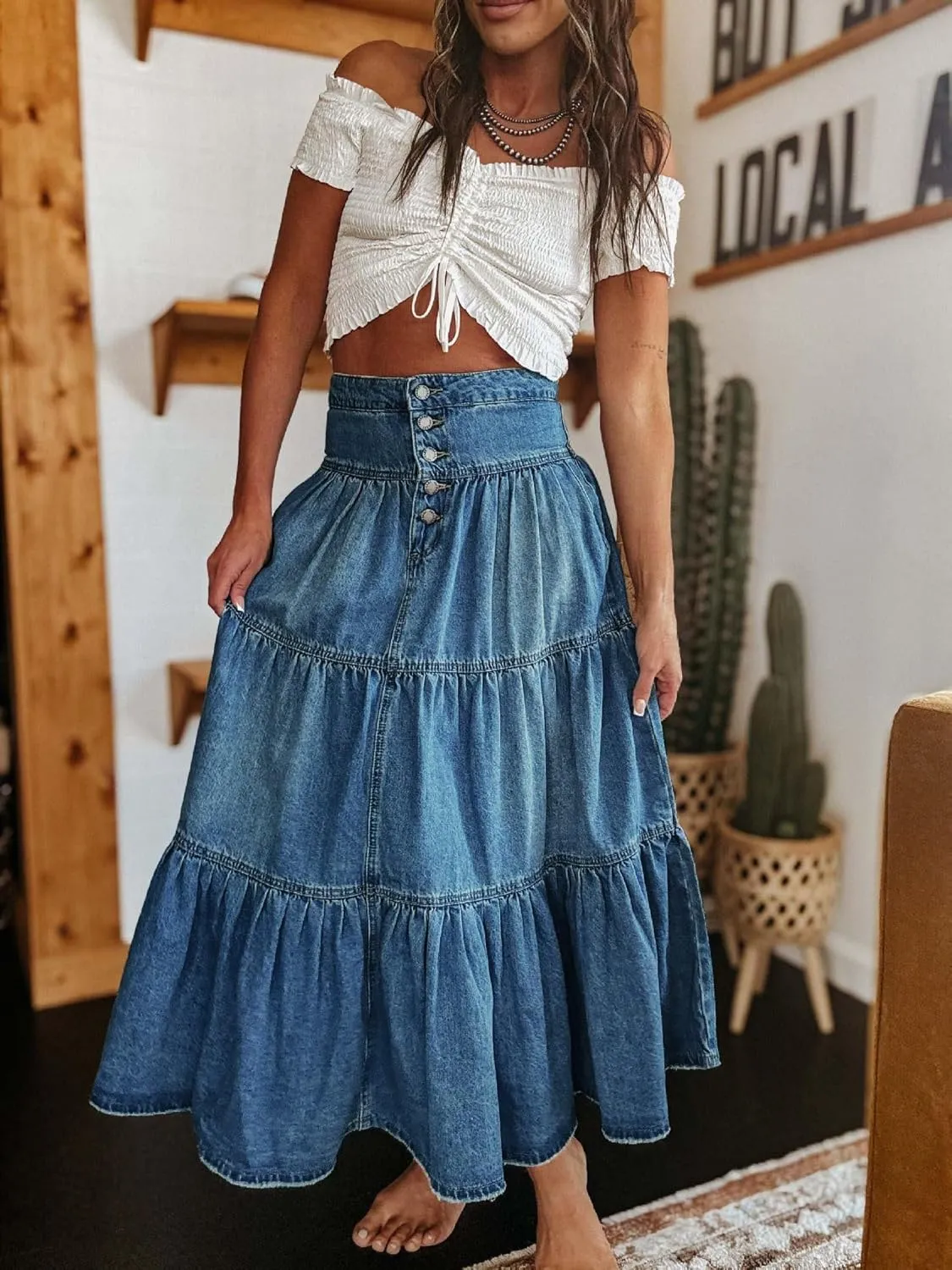 chouyatou Women's Boho Frayed Tiered Denim Skirt Pleated Ruffle A Line Swing Skirt Y2k Maxi Long Jean Skirt