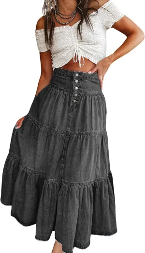 chouyatou Women's Boho Frayed Tiered Denim Skirt Pleated Ruffle A Line Swing Skirt Y2k Maxi Long Jean Skirt